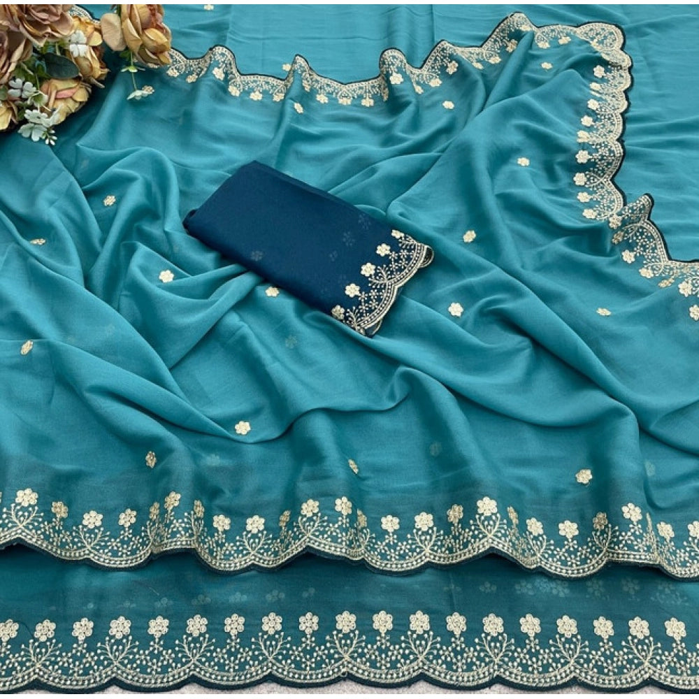 Women's Star Georgette Embroidered Saree With Unstitched Blouse 5.5Mtr (Blue)