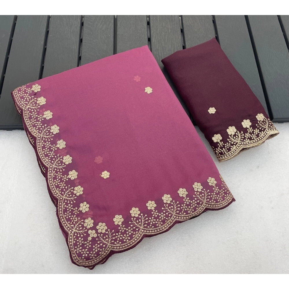 Women's Star Georgette Embroidered Saree With Unstitched Blouse 5.5Mtr (Pink)
