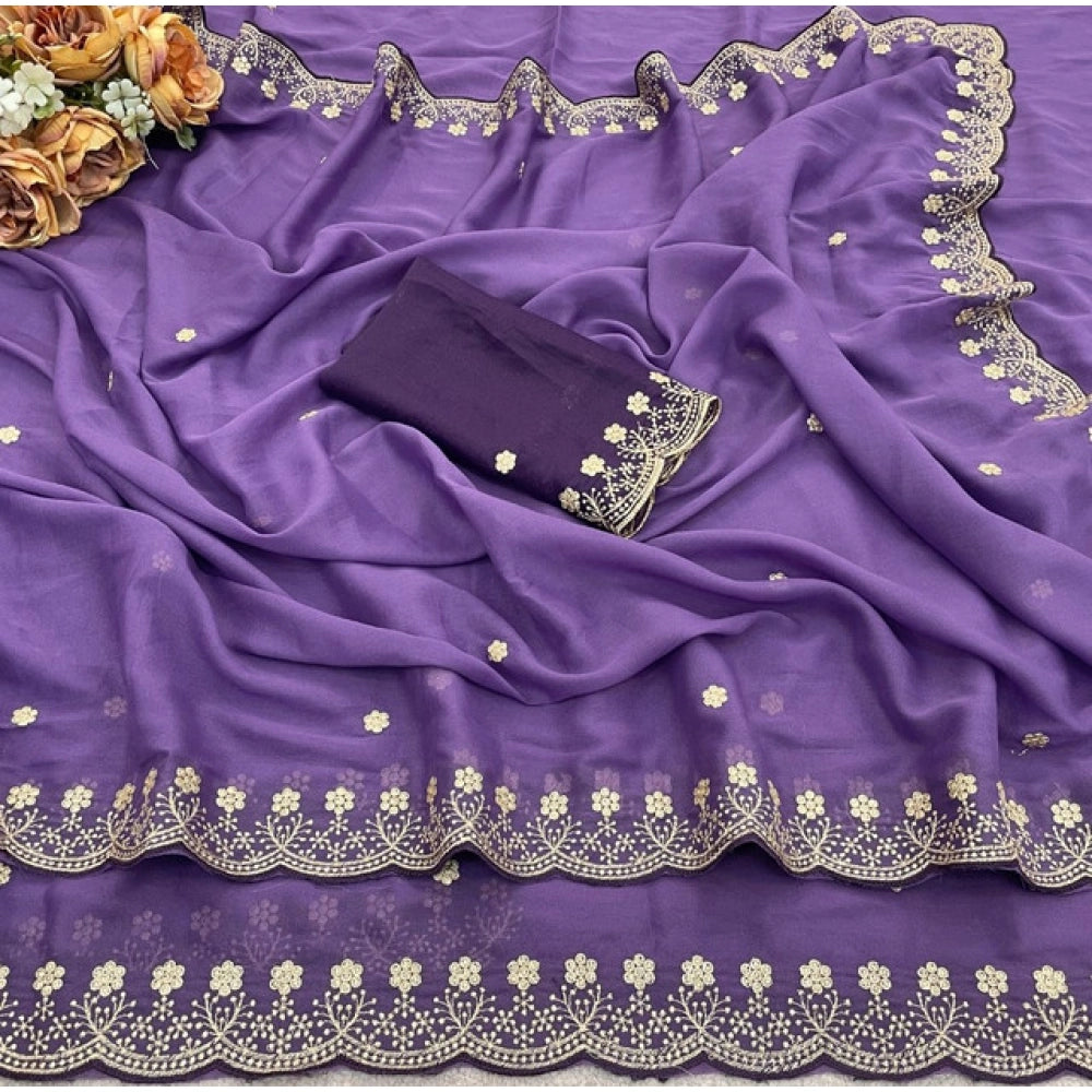 Women's Star Georgette Embroidered Saree With Unstitched Blouse 5.5Mtr (Purple)
