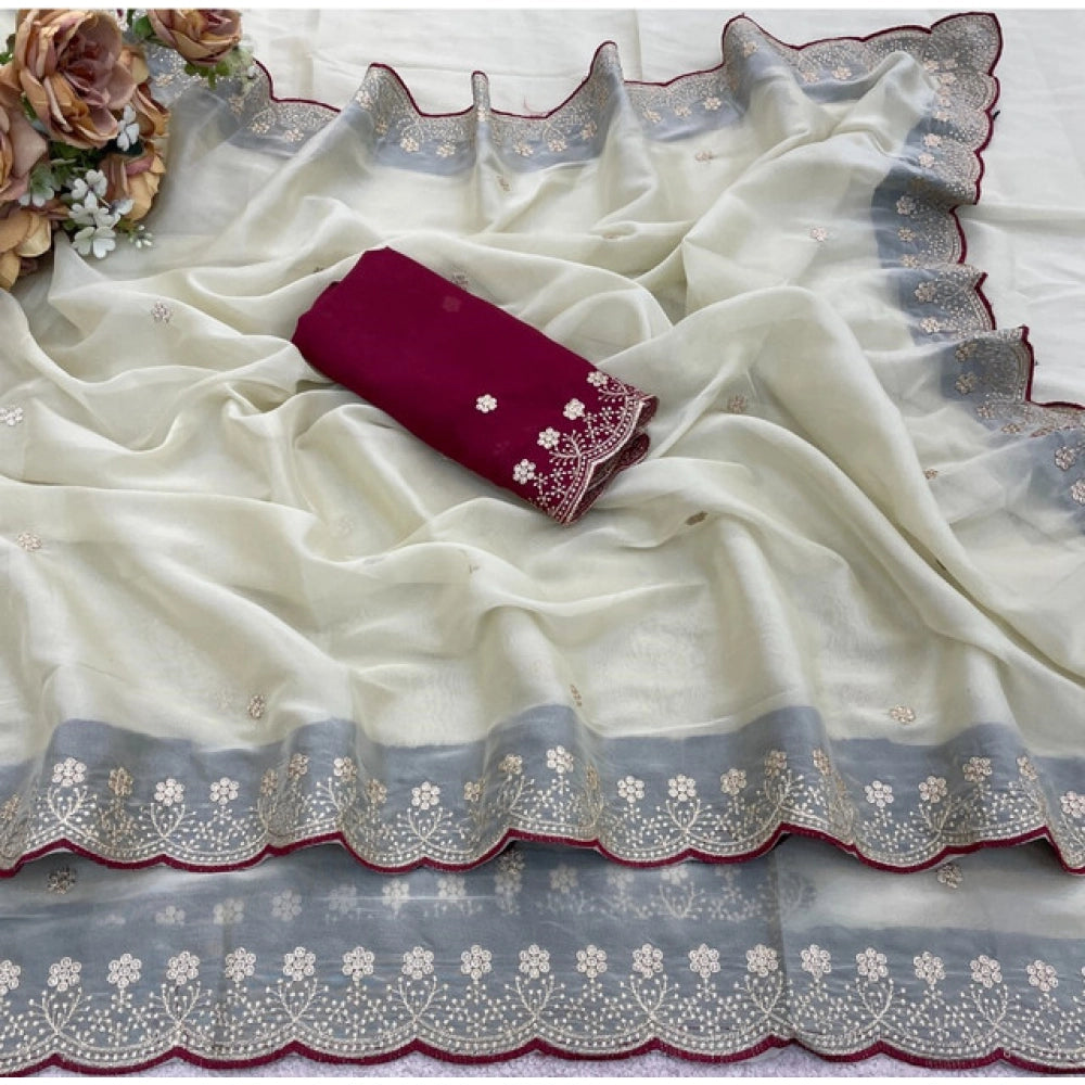 Women's Star Georgette Embroidered Saree With Unstitched Blouse 5.5Mtr (Off White)