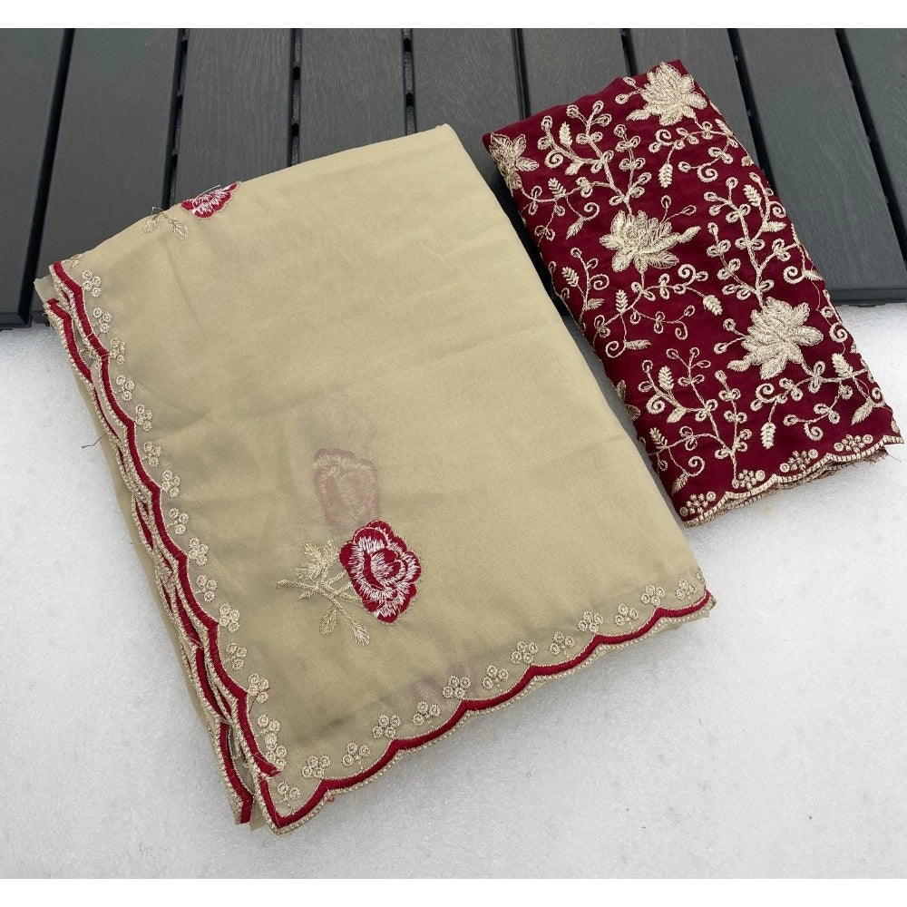 Women's Star Georgette Embroidered Saree With Unstitched Blouse 5.5Mtr (Cream)