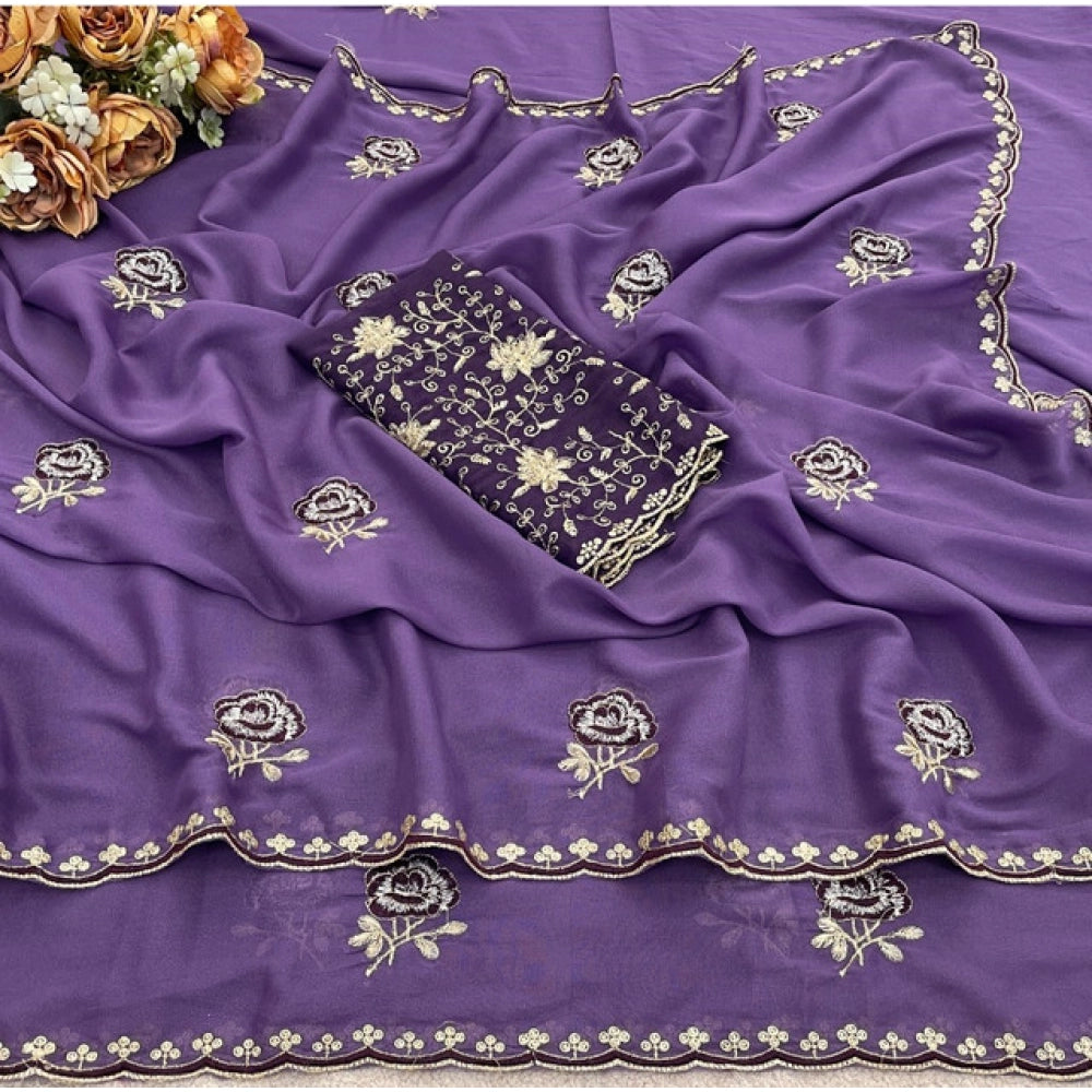Women's Star Georgette Embroidered Saree With Unstitched Blouse 5.5Mtr (Purple)