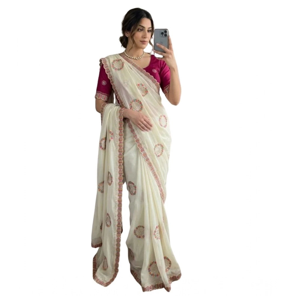 Women's Star Georgette Embroidered Saree With Unstitched Blouse 5.5Mtr (Cream)