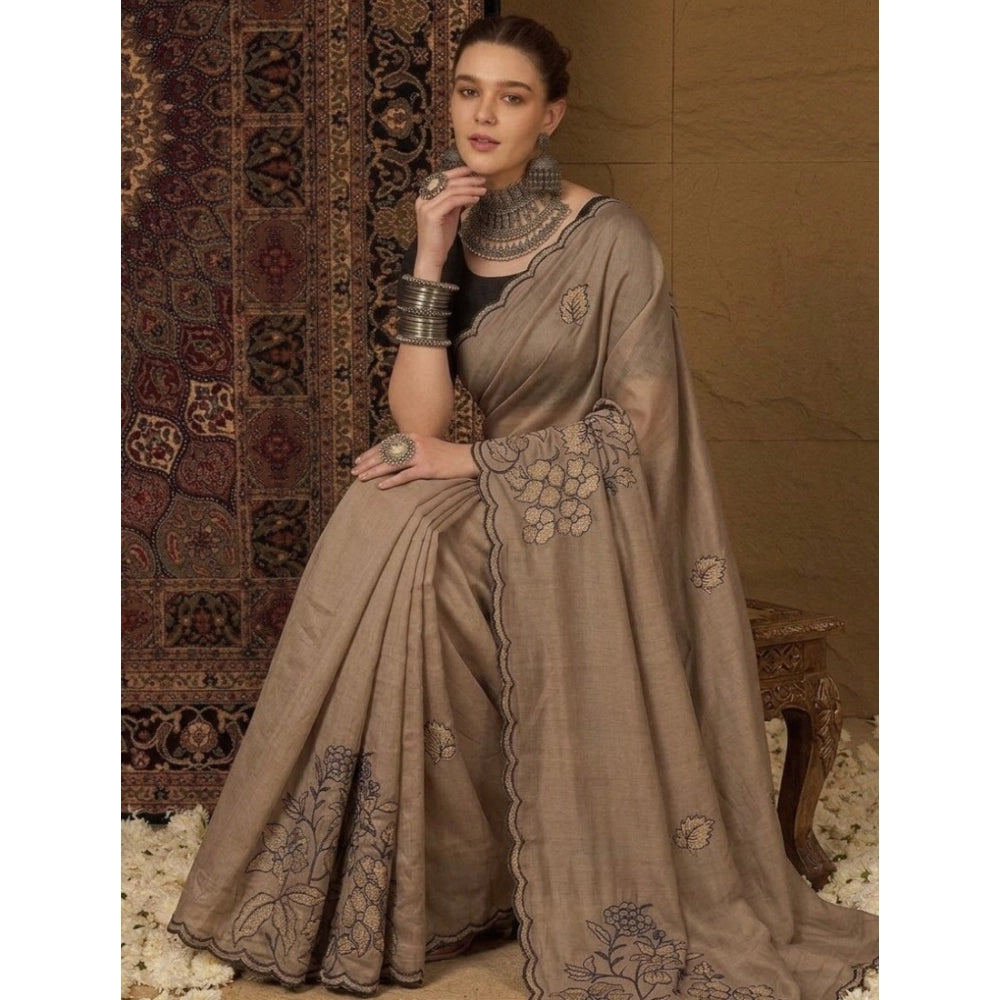 Women's Viscose Silk Embroidered Saree With Unstitched Blouse 5.5Mtr (Brown)