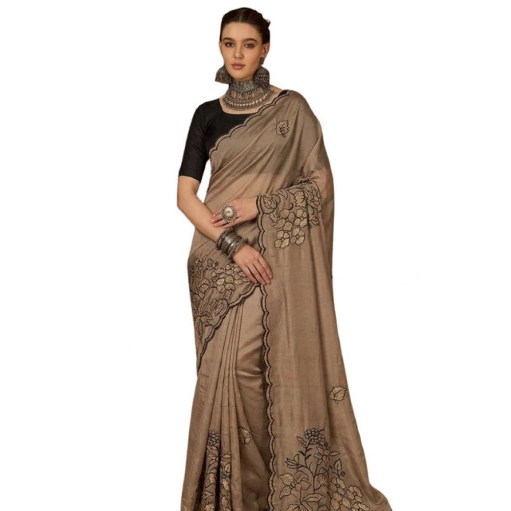Women's Viscose Silk Embroidered Saree With Unstitched Blouse 5.5Mtr (Brown)