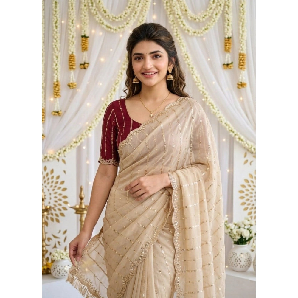 Women's Star Georgette Embroidered Saree With Unstitched Blouse 5.5Mtr (Beige)