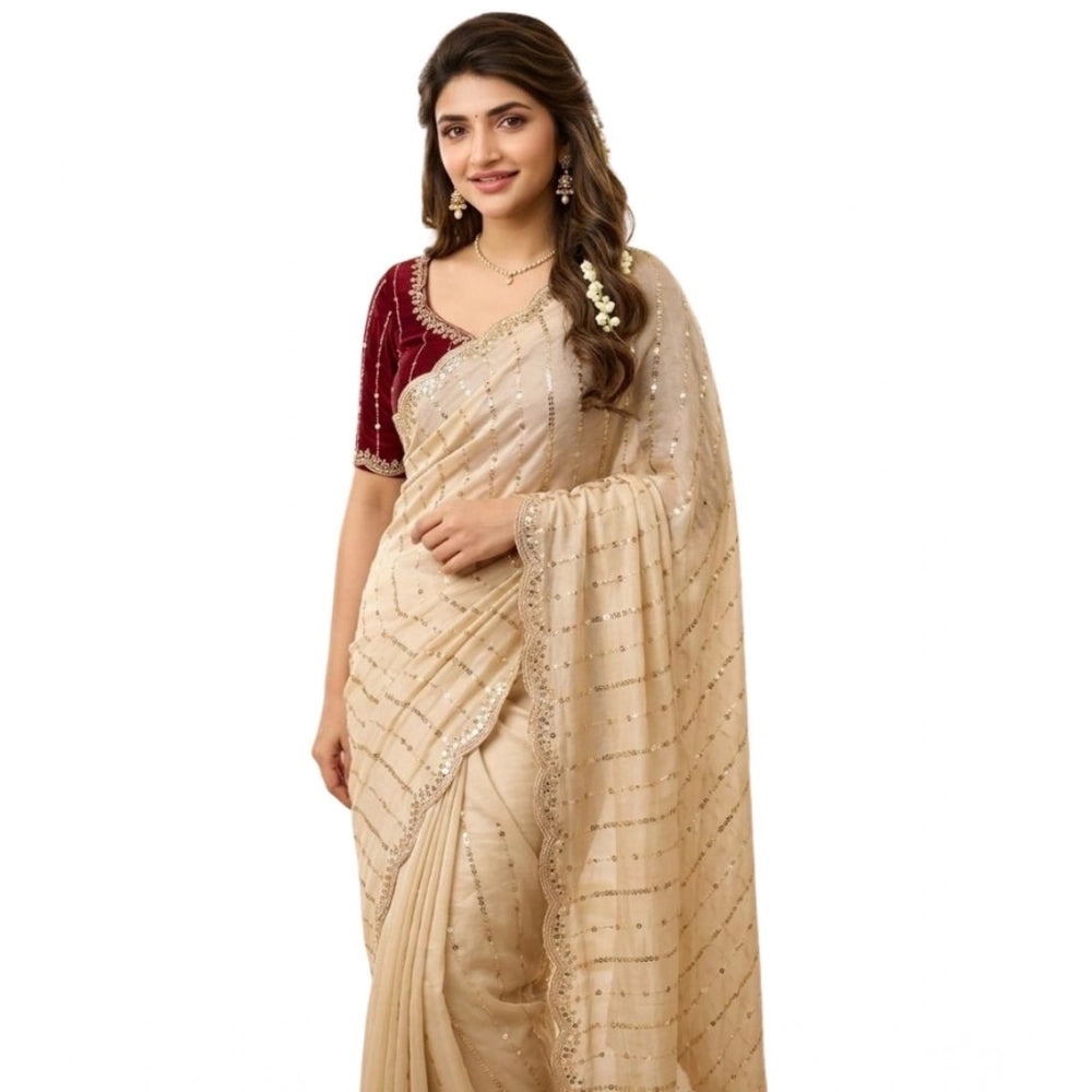 Women's Star Georgette Embroidered Saree With Unstitched Blouse 5.5Mtr (Beige)