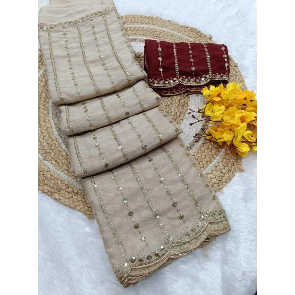 Women's Star Georgette Embroidered Saree With Unstitched Blouse 5.5Mtr (Beige)