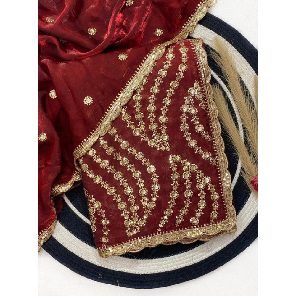 Women's Satin Embellished Saree With Unstitched Blouse 5.5Mtr (Maroon)