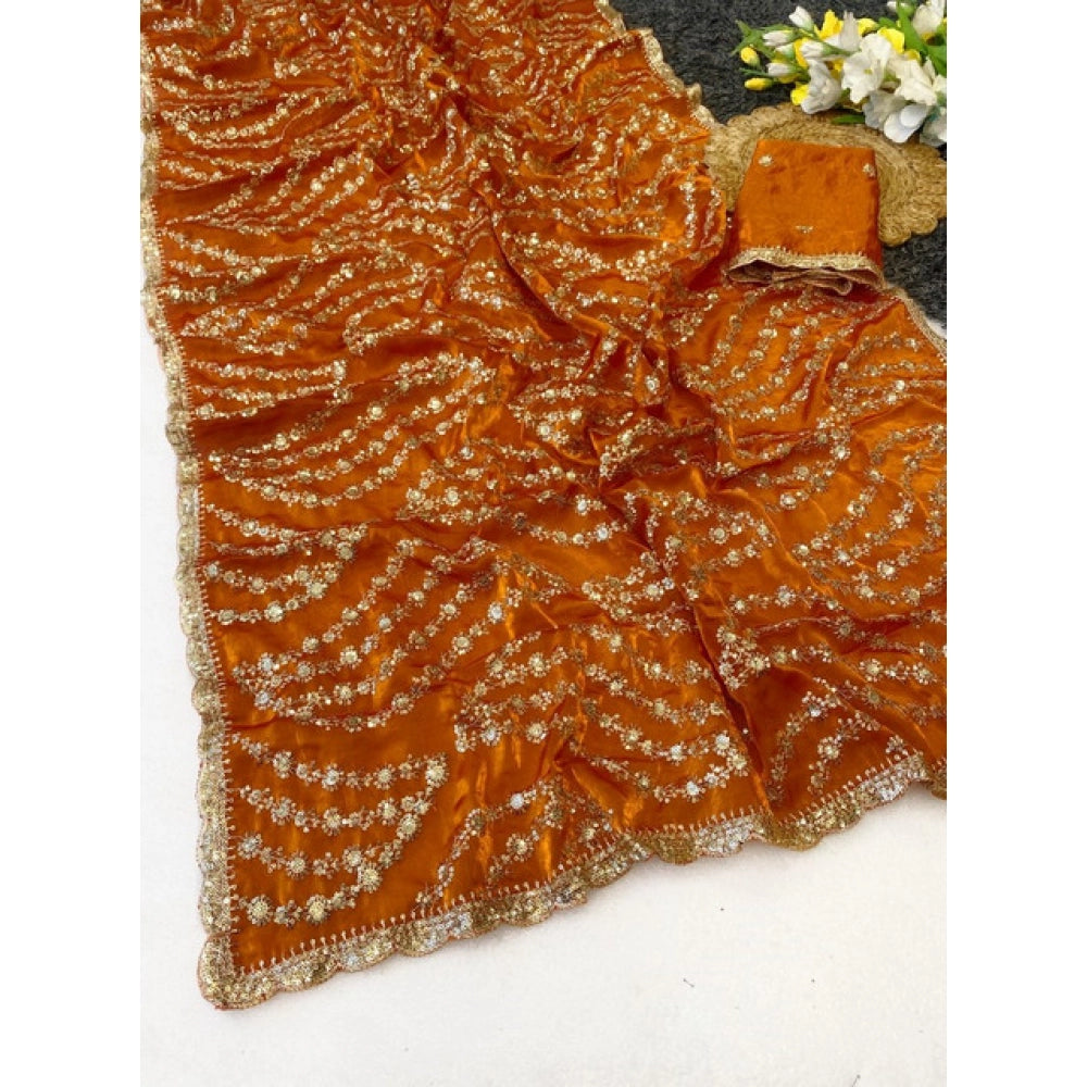 Women's Satin Embellished Saree With Unstitched Blouse 5.5Mtr (Orange)