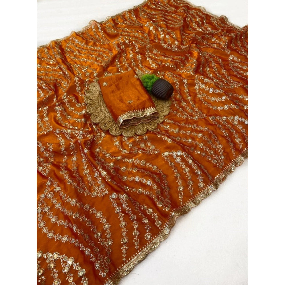 Women's Satin Embellished Saree With Unstitched Blouse 5.5Mtr (Orange)