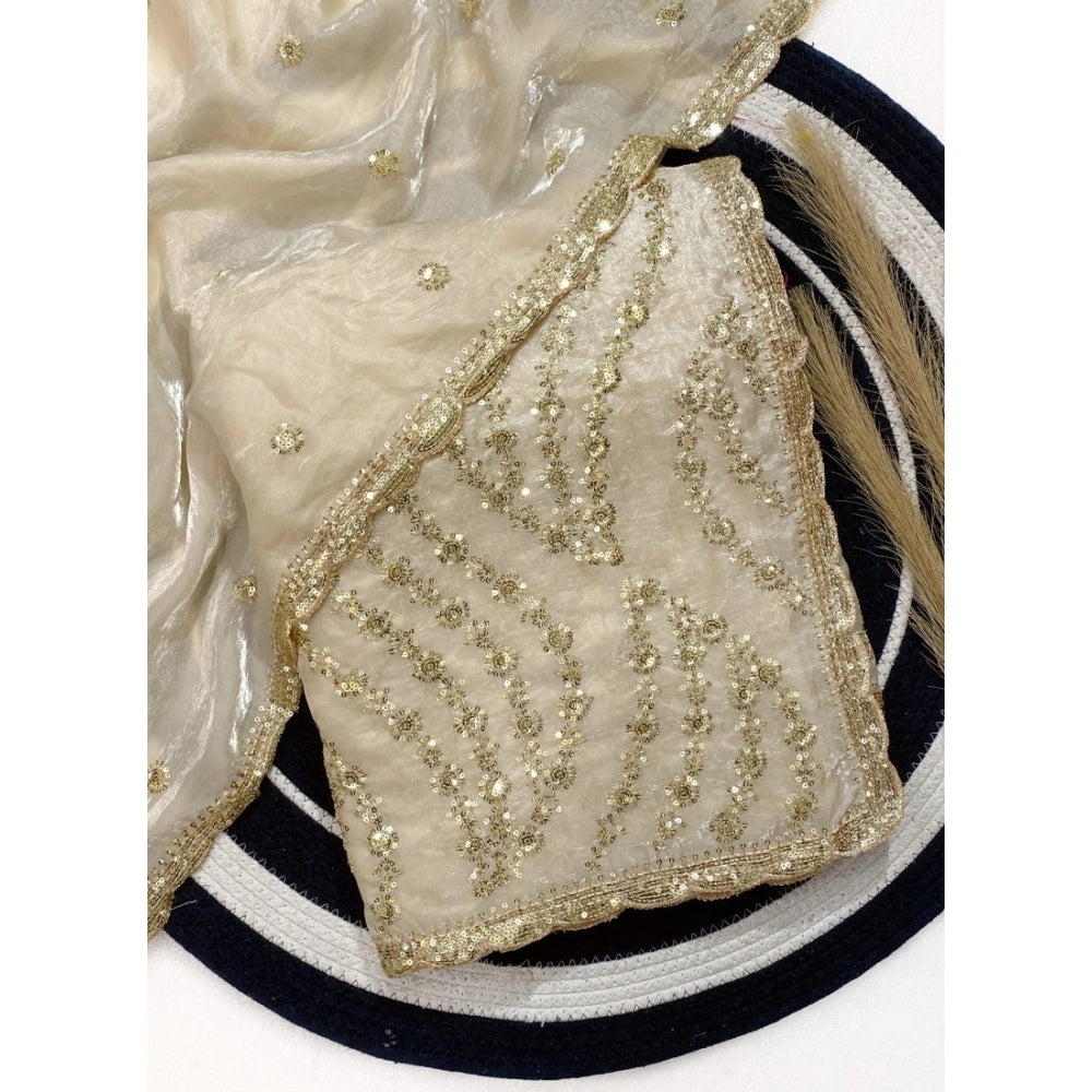 Women's Satin Embellished Saree With Unstitched Blouse 5.5Mtr (Cream)
