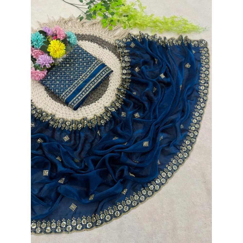Women's Satin Embellished Saree With Unstitched Blouse 5.5Mtr (Teal)
