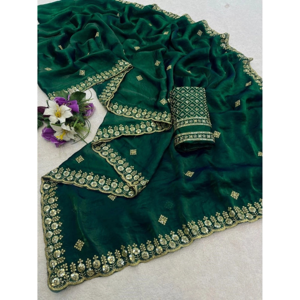 Women's Satin Embellished Saree With Unstitched Blouse 5.5Mtr (Green)