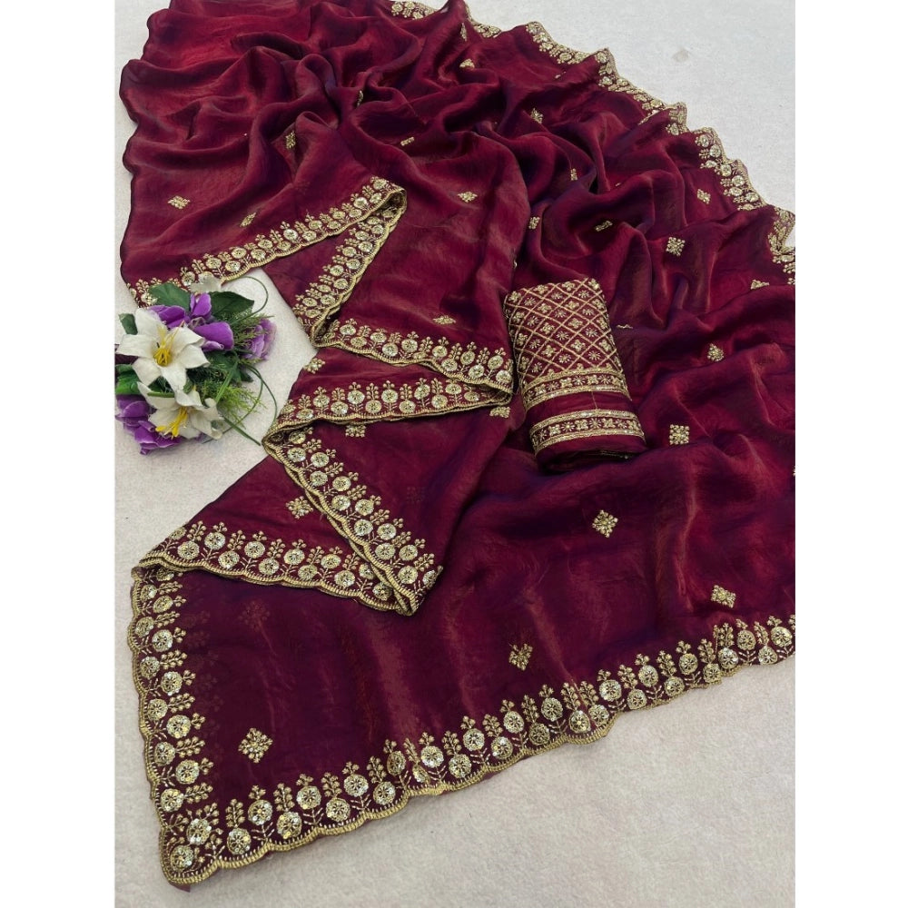 Women's Satin Embellished Saree With Unstitched Blouse 5.5Mtr (Maroon)