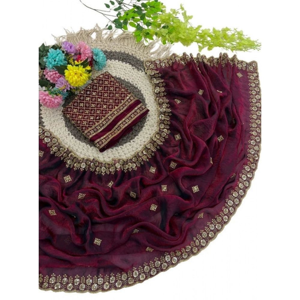 Women's Satin Embellished Saree With Unstitched Blouse 5.5Mtr (Wine-Toned)