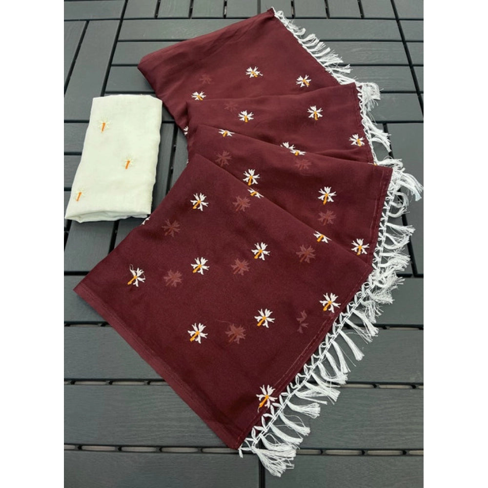 Women's Georgette Embellished Saree With Unstitched Blouse 5.5Mtr (Maroon)