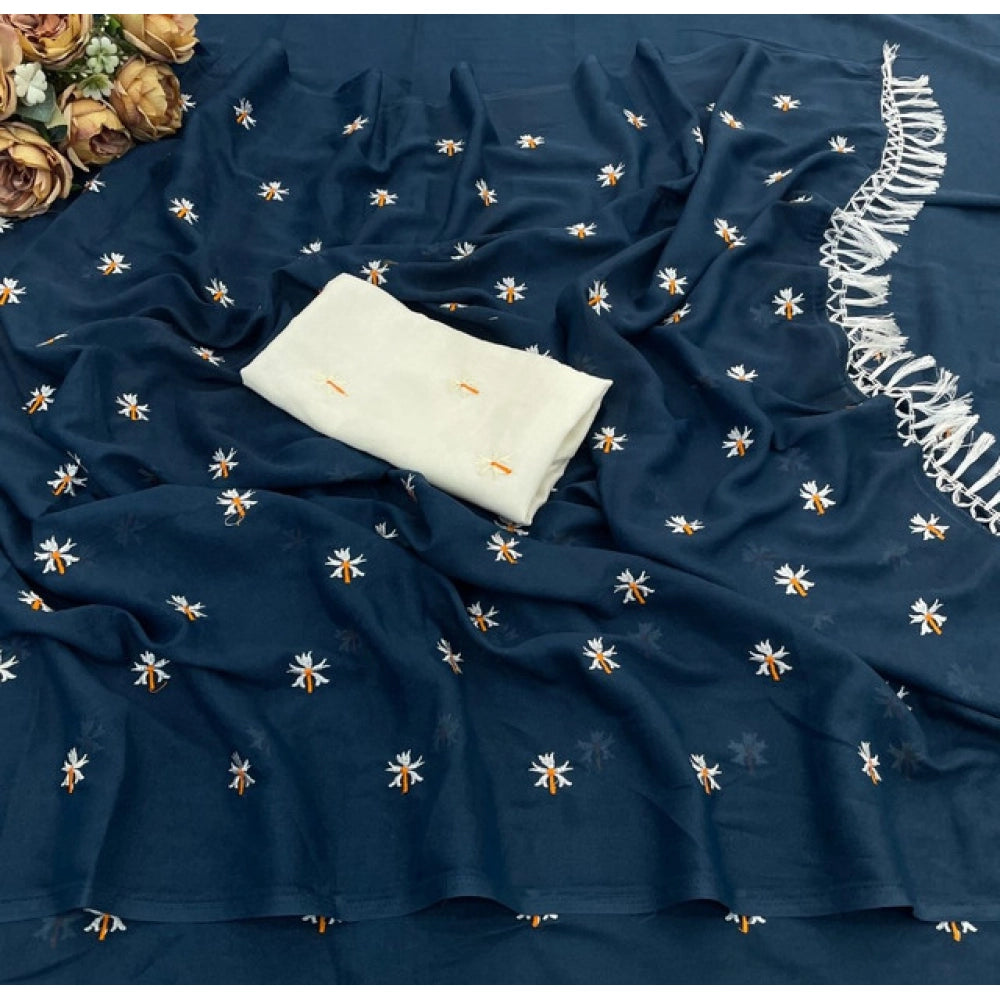 Women's Georgette Embellished Saree With Unstitched Blouse 5.5Mtr (Navy)