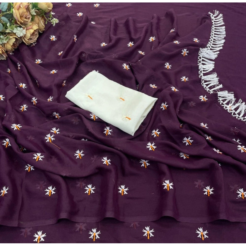 Women's Georgette Embellished Saree With Unstitched Blouse 5.5Mtr (Wine)