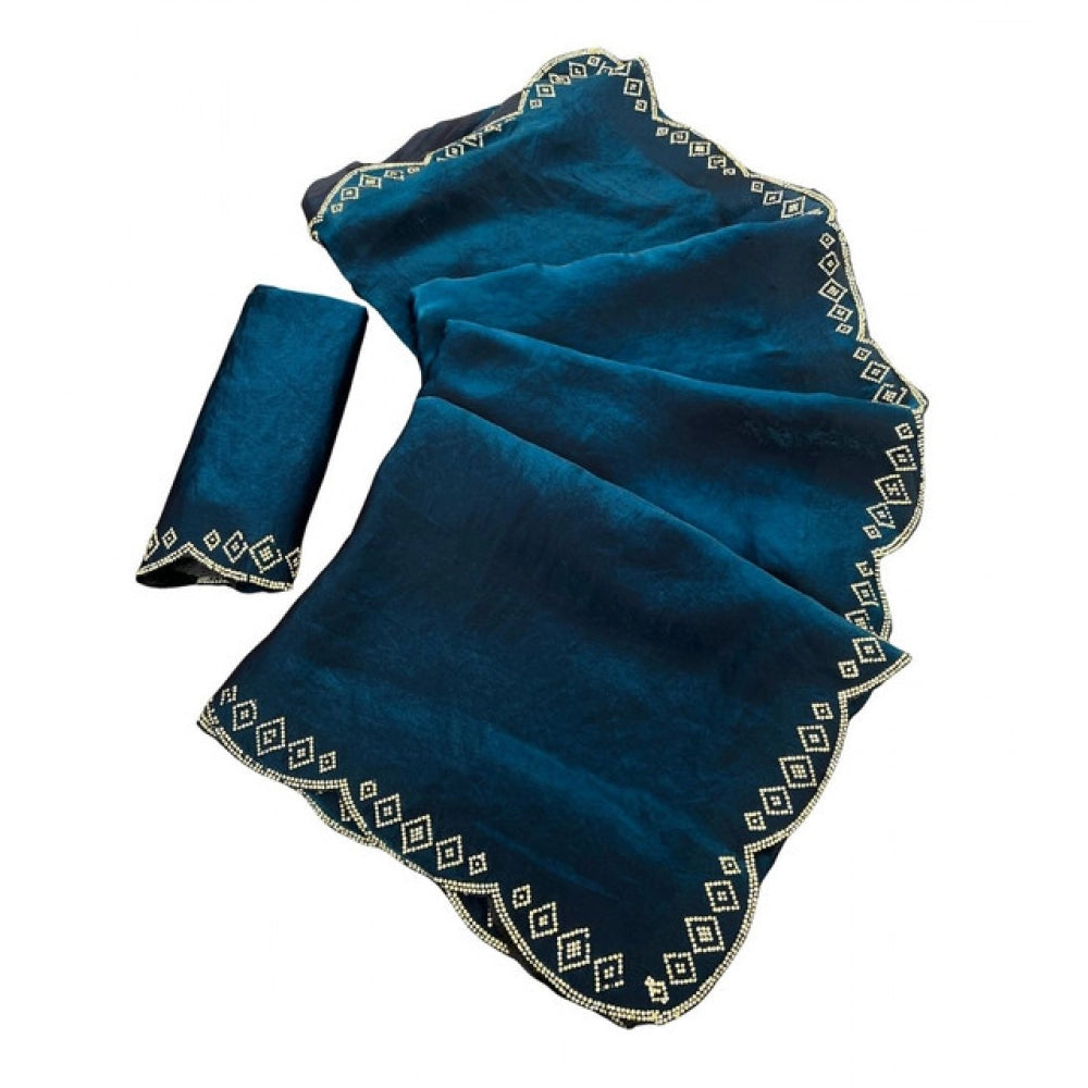 Women's Satin Embellished Saree With Unstitched Blouse 5.5Mtr (Navy)