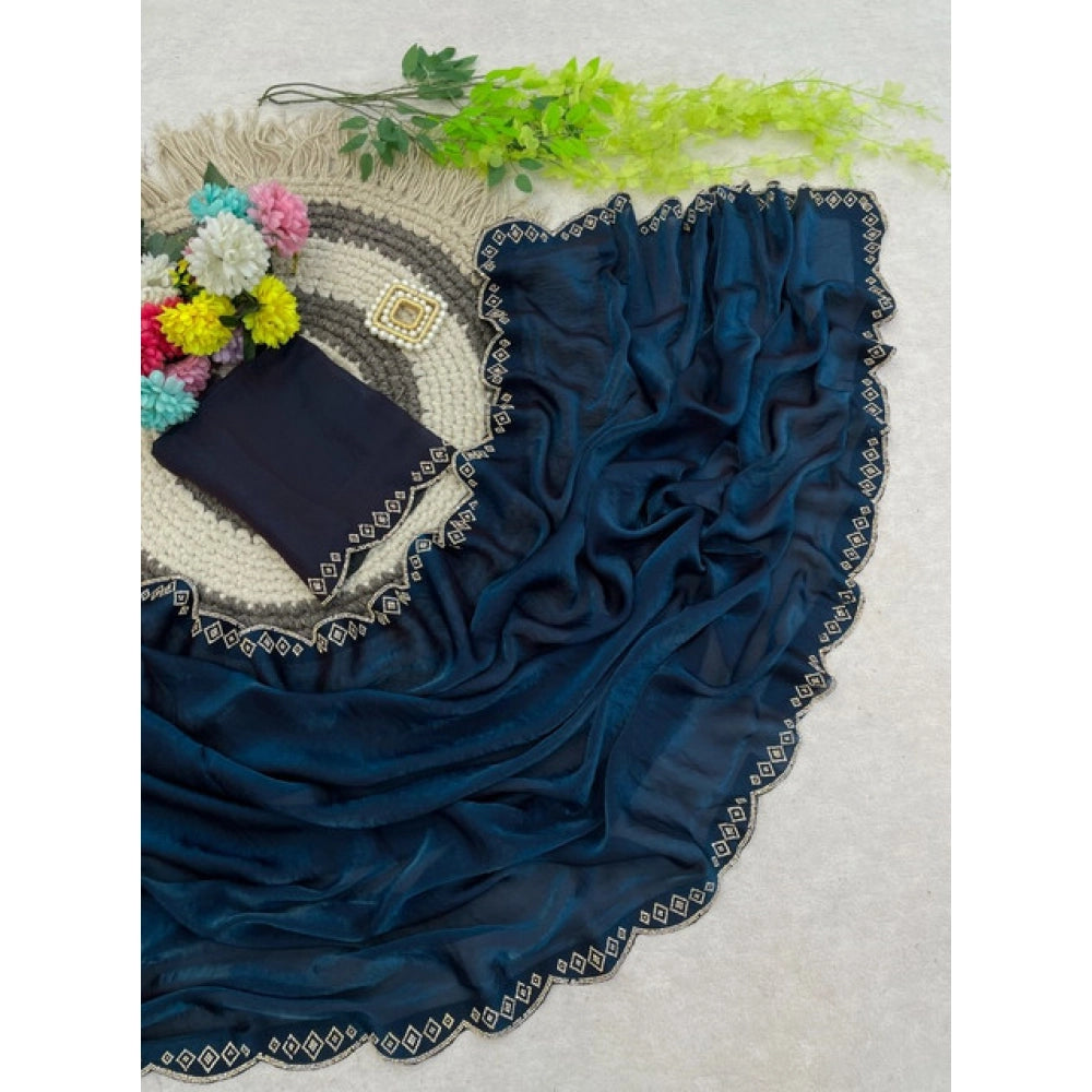 Women's Satin Embellished Saree With Unstitched Blouse 5.5Mtr (Navy)