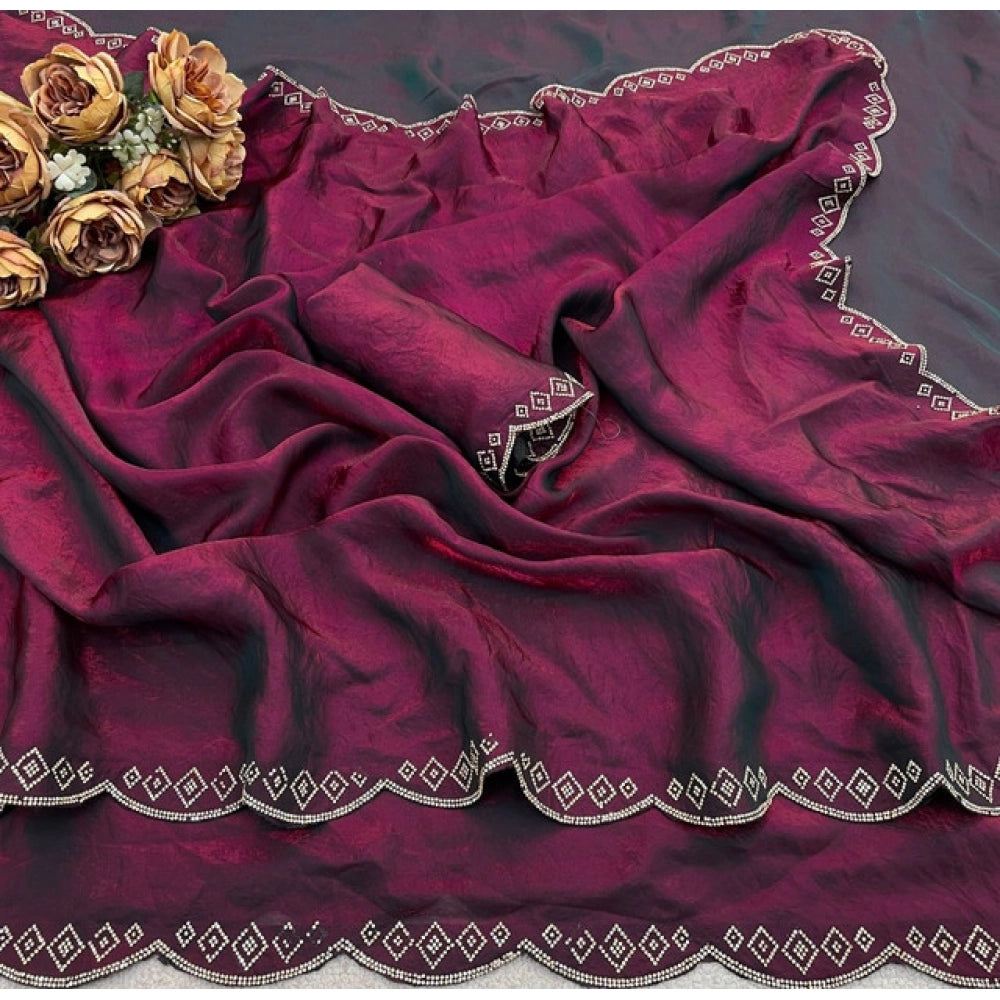 Women's Satin Embellished Saree With Unstitched Blouse 5.5Mtr (Burgundy)