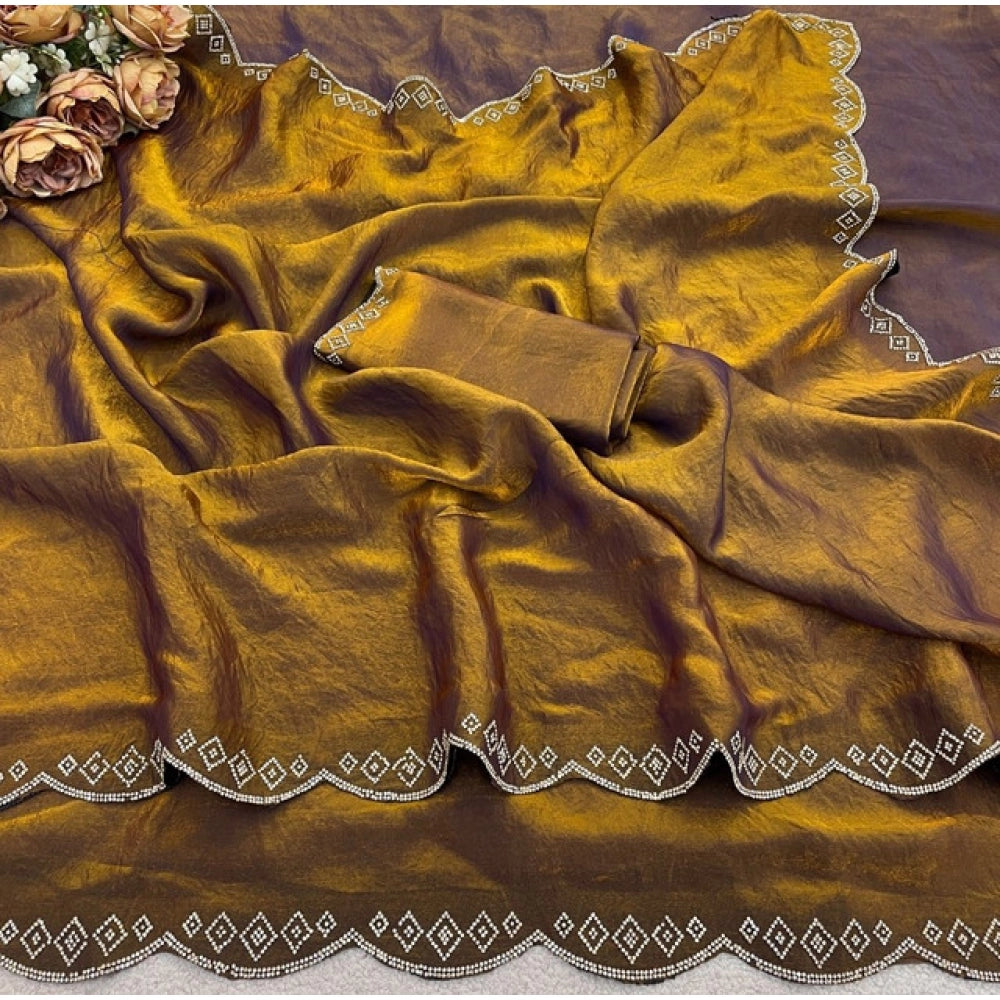 Women's Satin Embellished Saree With Unstitched Blouse 5.5Mtr (Mustard)
