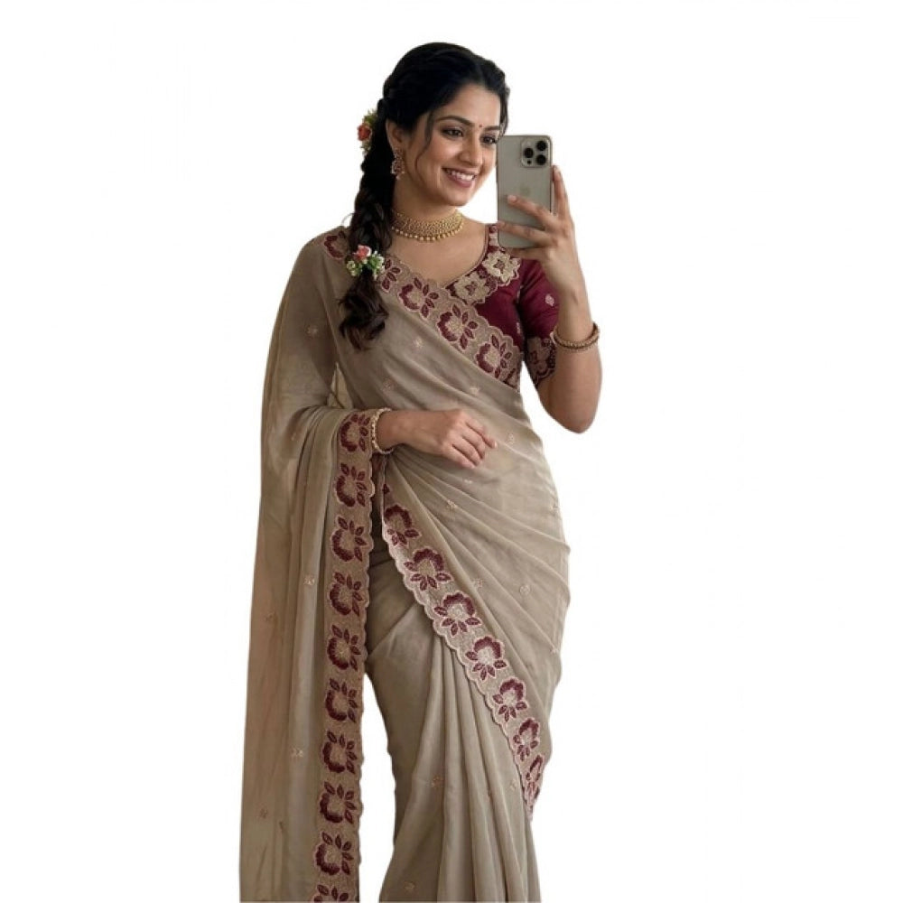 Women's Star Georgette Embroidered Saree With Unstitched Blouse 5.5Mtr (Beige)