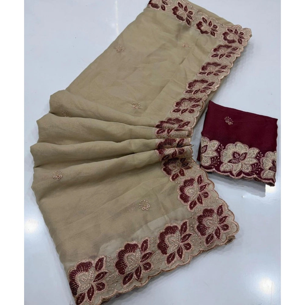 Women's Star Georgette Embroidered Saree With Unstitched Blouse 5.5Mtr (Beige)