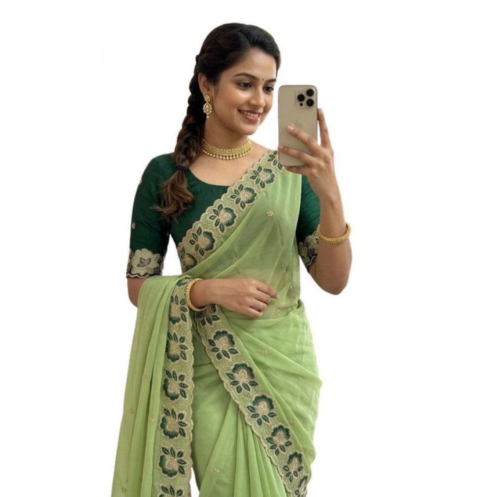 Women's Star Georgette Embroidered Saree With Unstitched Blouse 5.5Mtr (Green)