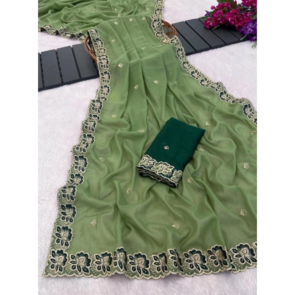 Women's Star Georgette Embroidered Saree With Unstitched Blouse 5.5Mtr (Green)