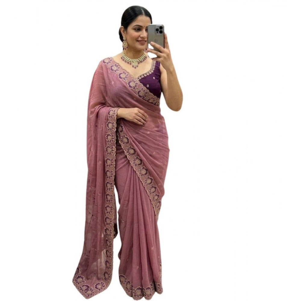 Women's Star Georgette Embroidered Saree With Unstitched Blouse 5.5Mtr (Pink)