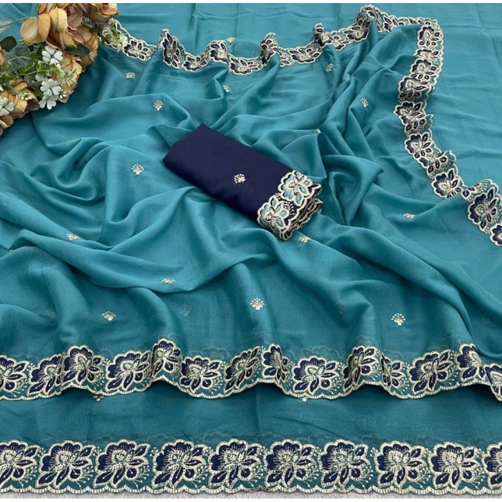 Women's Star Georgette Embroidered Saree With Unstitched Blouse 5.5Mtr (Sea Green)