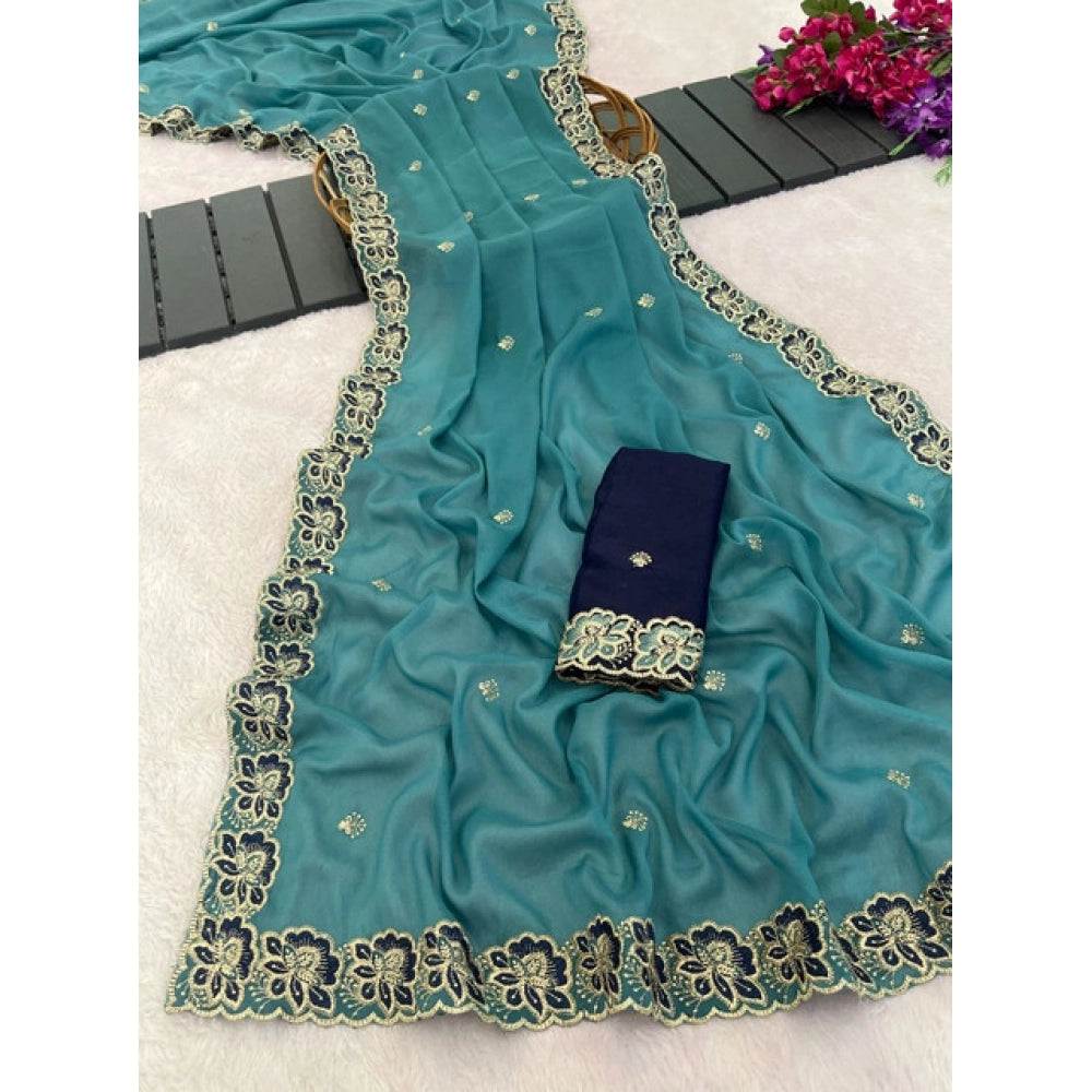 Women's Star Georgette Embroidered Saree With Unstitched Blouse 5.5Mtr (Sea Green)