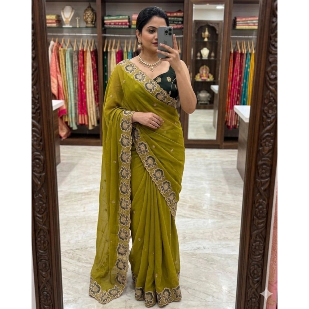 Women's Star Georgette Embroidered Saree With Unstitched Blouse 5.5Mtr (Olive Green)