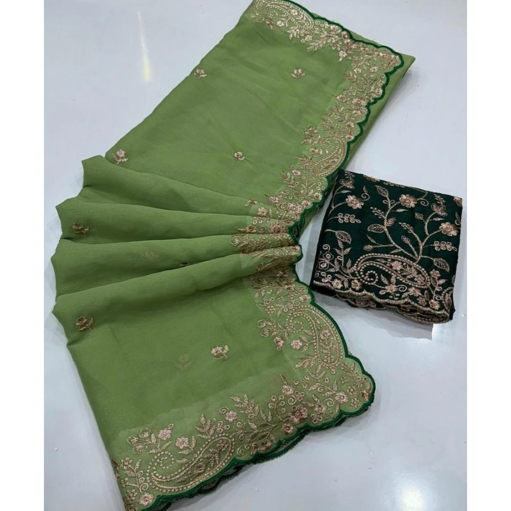 Women's Star Georgette Embroidered Saree With Unstitched Blouse 5.5Mtr (Green)