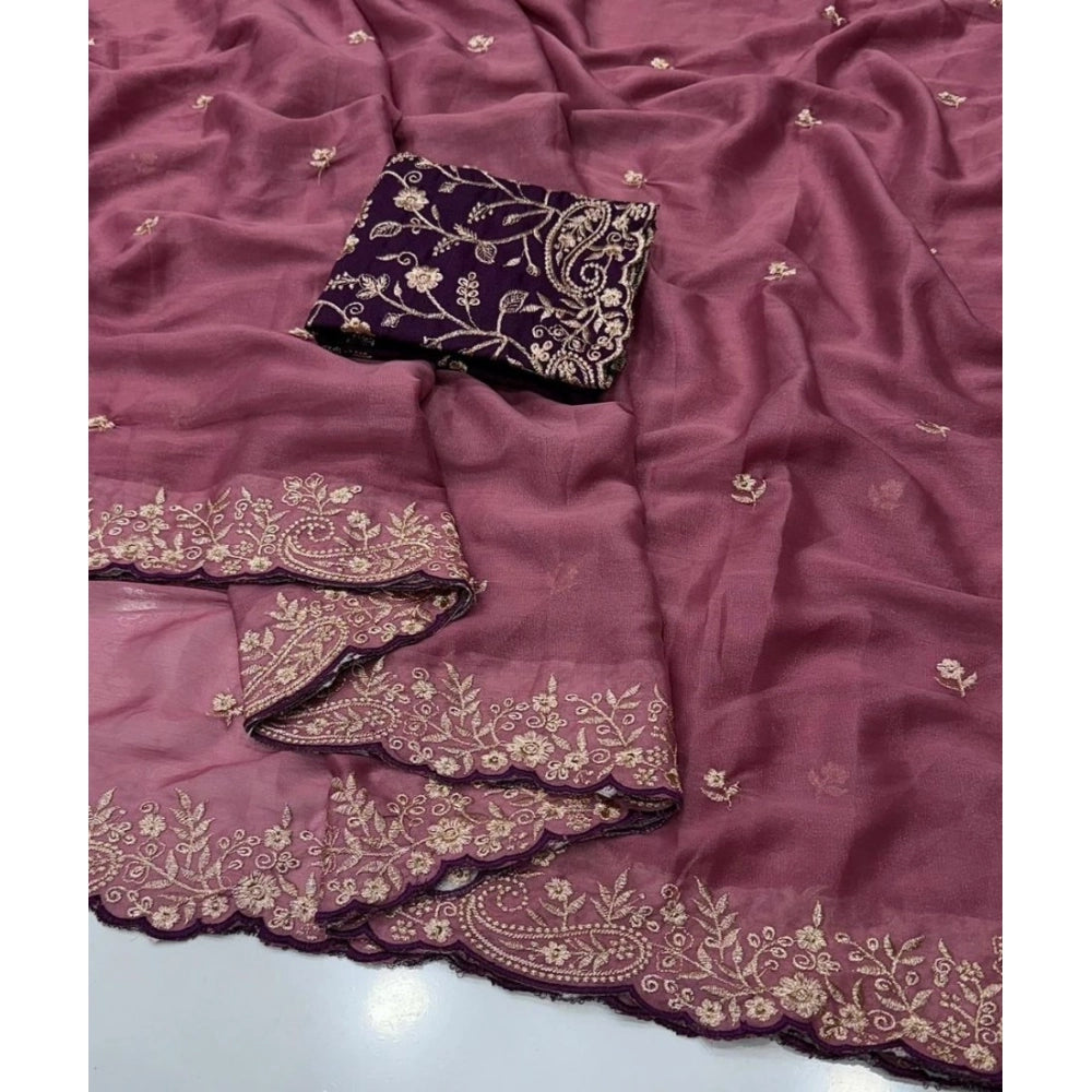 Women's Star Georgette Embroidered Saree With Unstitched Blouse 5.5Mtr (Pink)