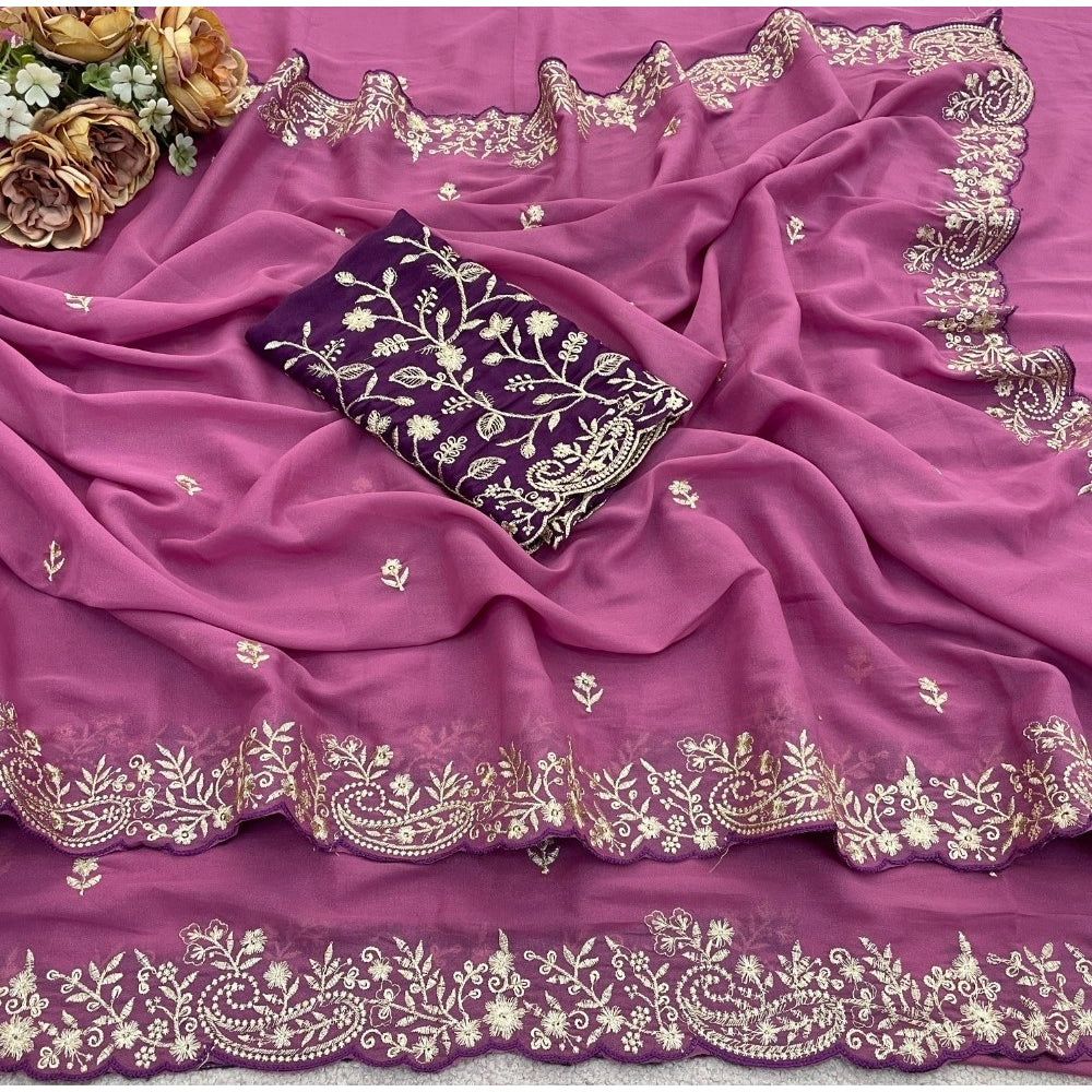 Women's Star Georgette Embroidered Saree With Unstitched Blouse 5.5Mtr (Pink)
