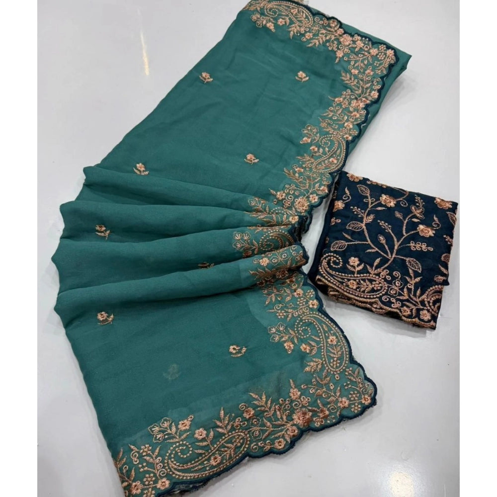 Women's Star Georgette Embroidered Saree With Unstitched Blouse 5.5Mtr (Sea Green)