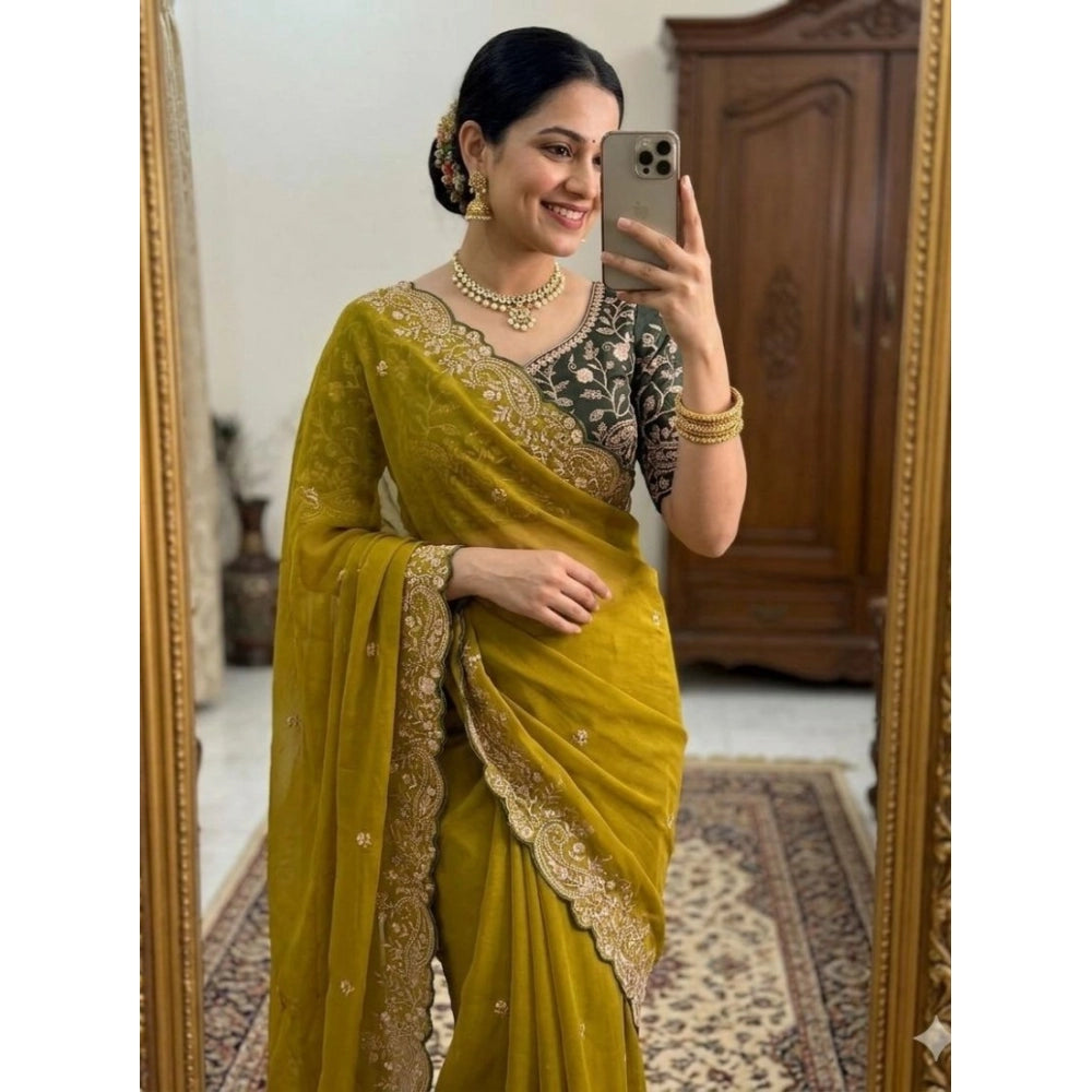Women's Star Georgette Embroidered Saree With Unstitched Blouse 5.5Mtr (Mustard Yellow)