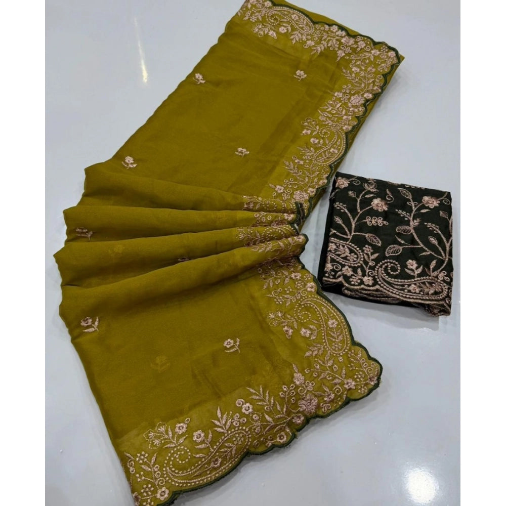 Women's Star Georgette Embroidered Saree With Unstitched Blouse 5.5Mtr (Mustard Yellow)