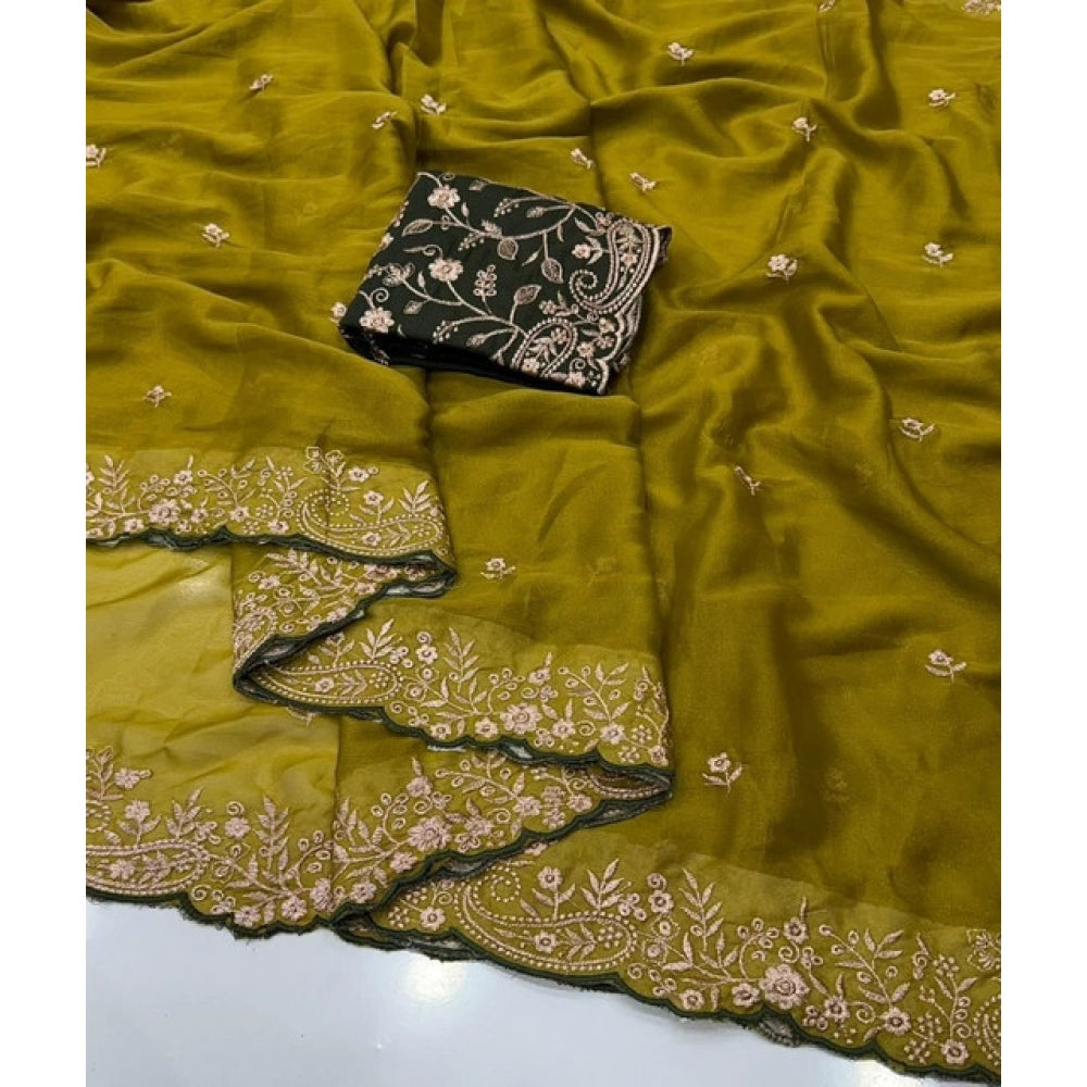Women's Star Georgette Embroidered Saree With Unstitched Blouse 5.5Mtr (Mustard Yellow)