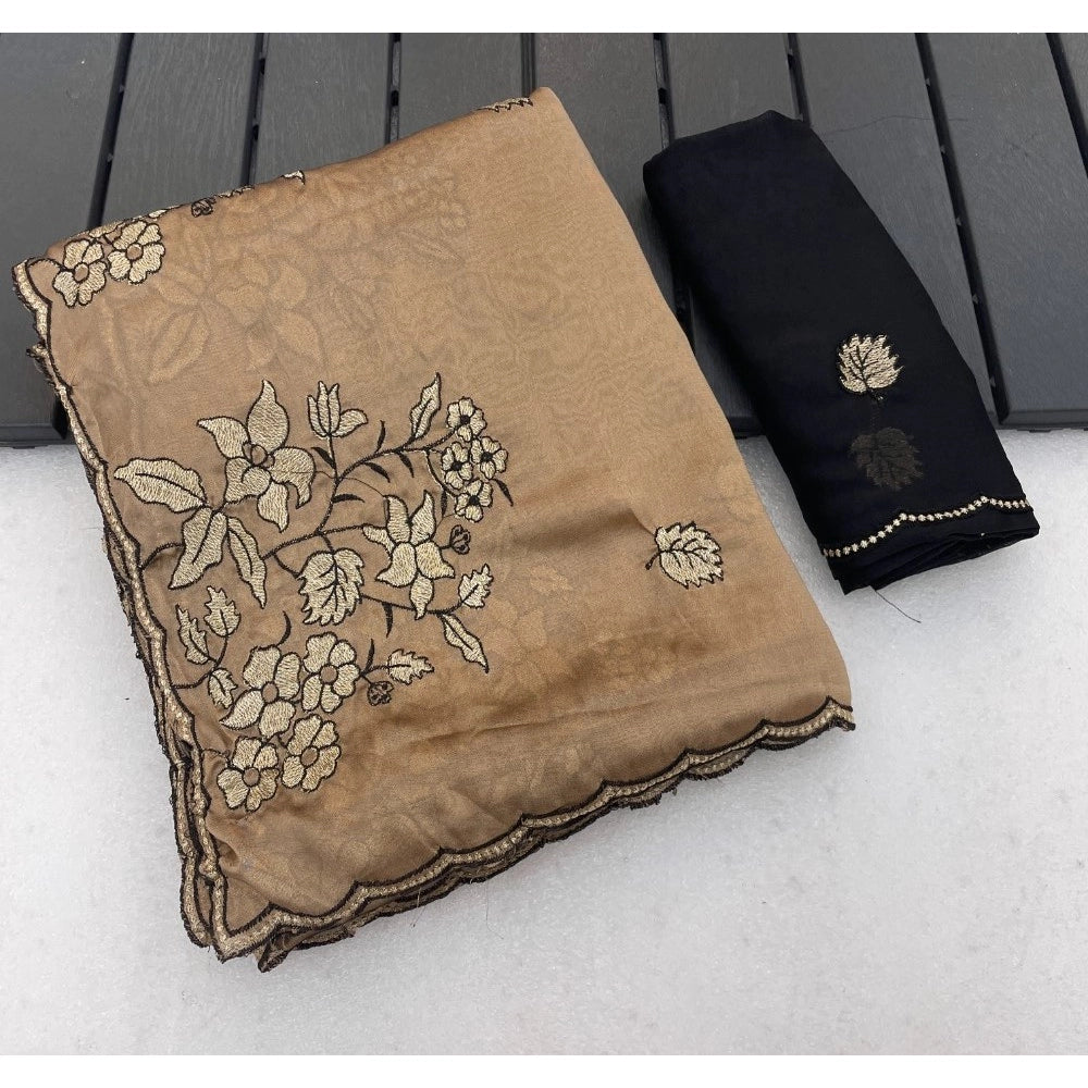 Women's Viscose Silk Embroidered Saree With Unstitched Blouse 5.5Mtr (Gold)