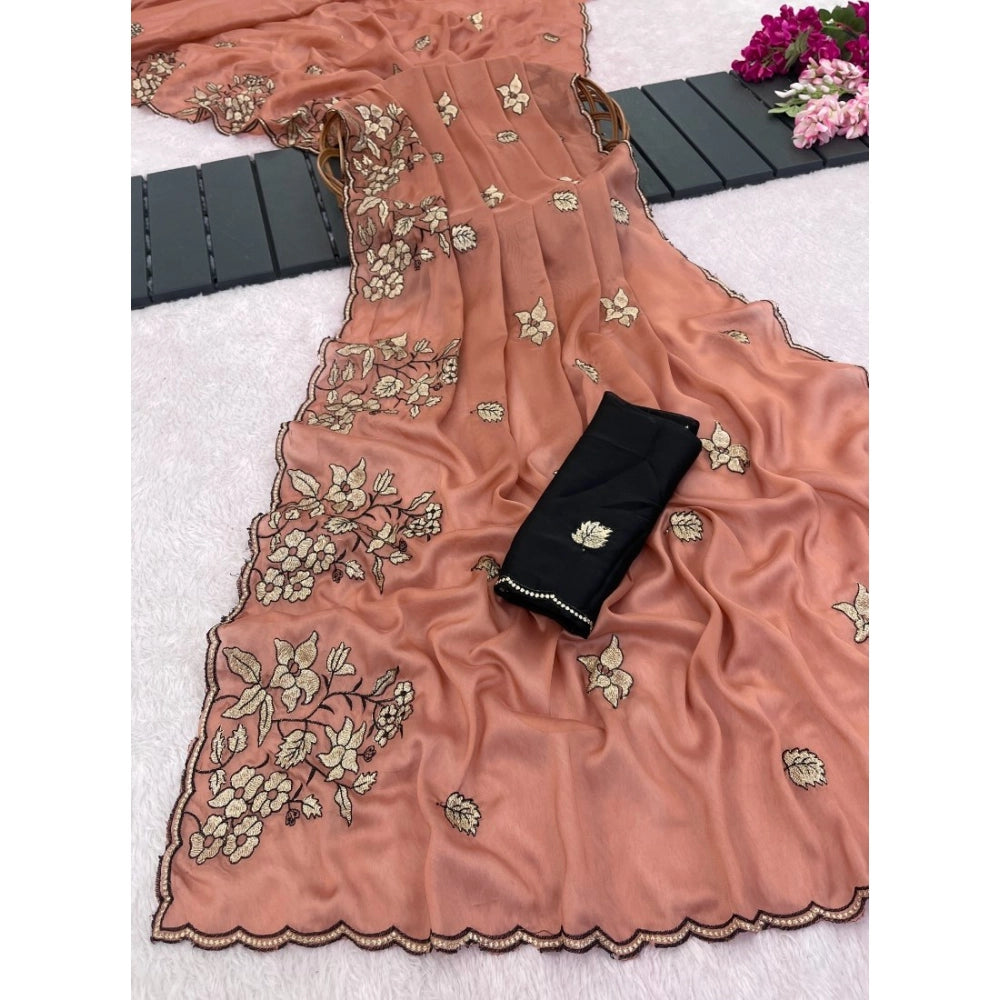 Women's Viscose Silk Embroidered Saree With Unstitched Blouse 5.5Mtr (Peach)