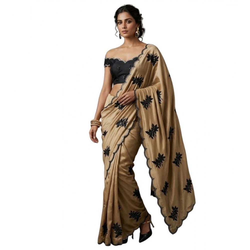 Women's Viscose Silk Embroidered Saree With Unstitched Blouse 5.5Mtr (Beige)