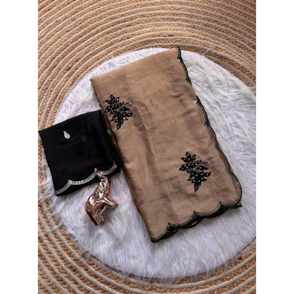 Women's Viscose Silk Embroidered Saree With Unstitched Blouse 5.5Mtr (Beige)