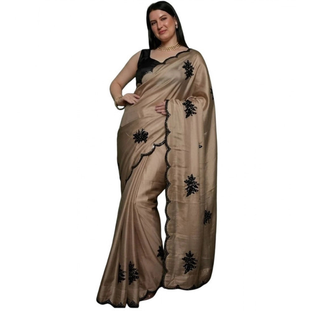 Women's Viscose Silk Embroidered Saree With Unstitched Blouse 5.5Mtr (Beige)