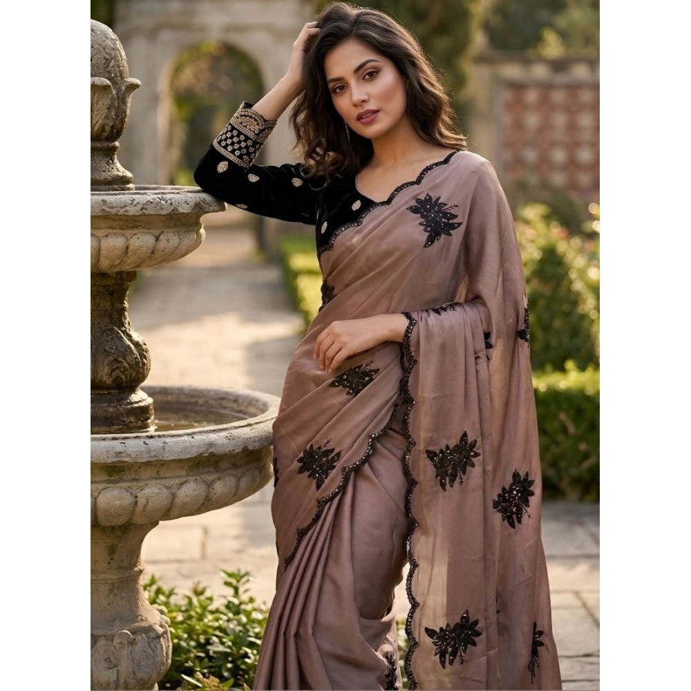Women's Viscose Silk Embroidered Saree With Unstitched Blouse 5.5Mtr (Brown)