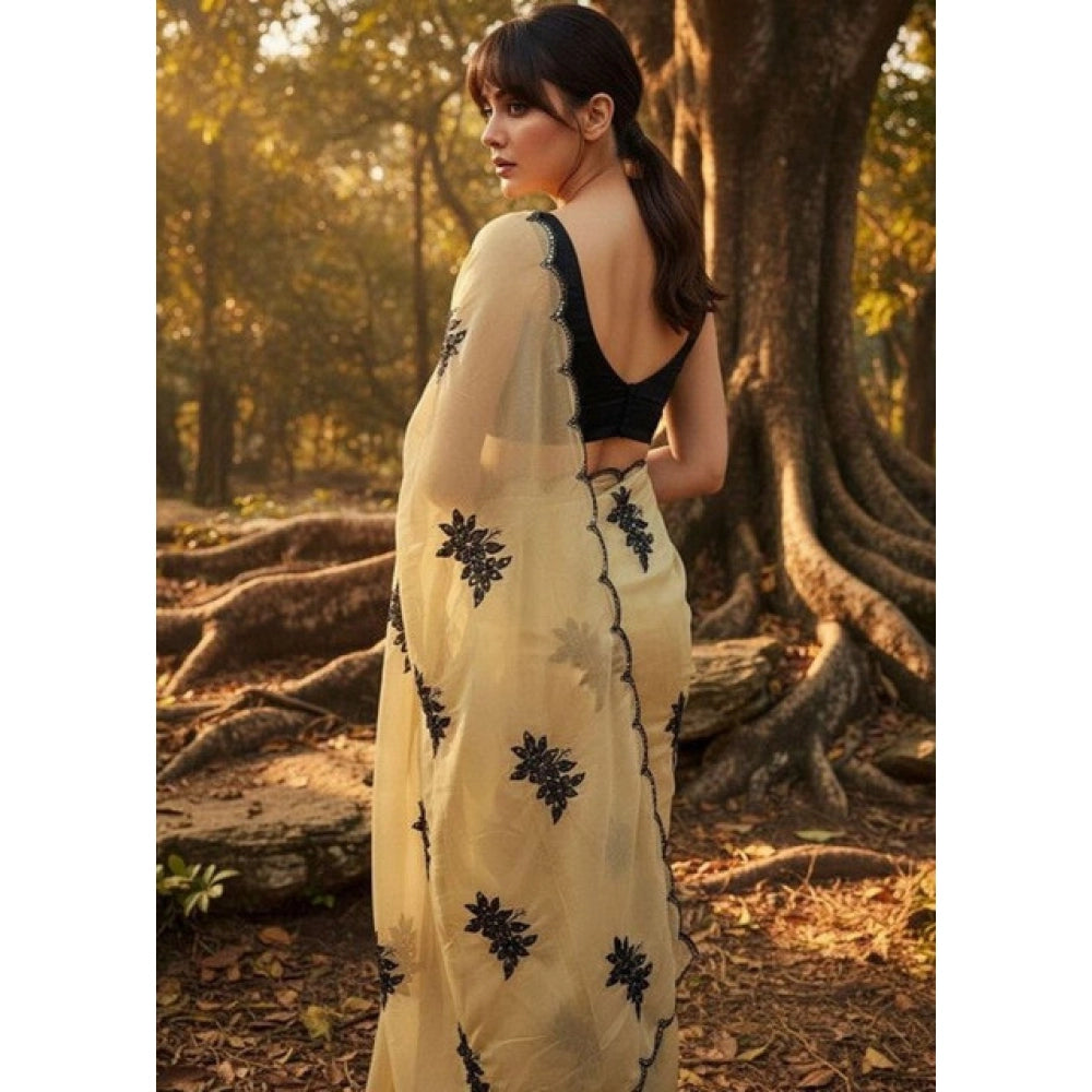 Women's Viscose Silk Embroidered Saree With Unstitched Blouse 5.5Mtr (Beige)