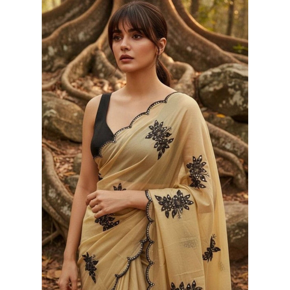 Women's Viscose Silk Embroidered Saree With Unstitched Blouse 5.5Mtr (Beige)